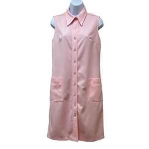 VINTAGE Retro Polyester Sleeveless Mod Dress Dagger Collar Pocket Bubblegum Pink